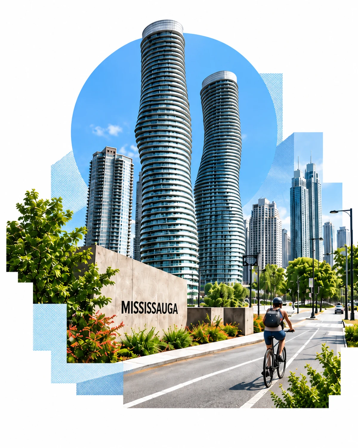 Illustrative collage of Mississauga’s Absolute World towers, green streets and a cyclist